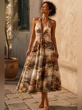 European Postcard Print Halter Midi Dress | Ruched Bust Empire Waist |